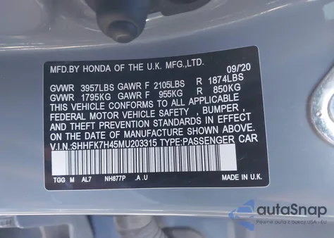 2021 Honda Civic Sport из США, поврежденный, VIN SHHFK7H45MU203315